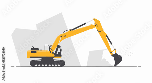Heavy Yellow Excavator Digging Dirt With Bucket Arm Extended