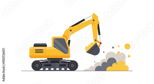 Heavy Yellow Excavator Digging Ground With Dirt And Debris Flying