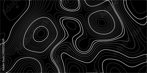 Abstract topographic map background with white contour lines on black organic minimalist terrain texture for tech design