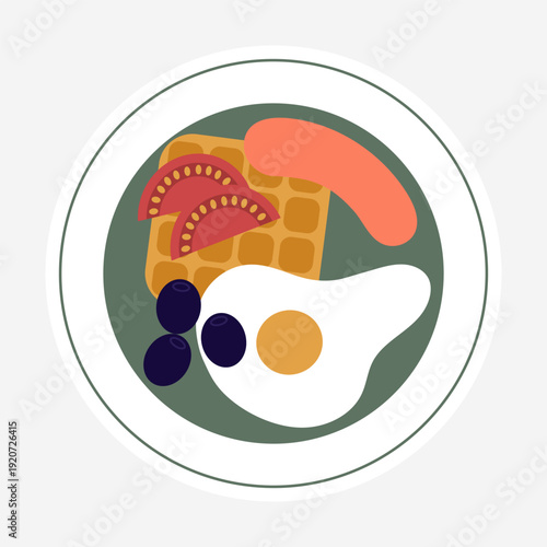 Traditional English breakfast with fried egg, sausage, tomatoes, olives, and a waffle. Flat vector isolated illustration.
