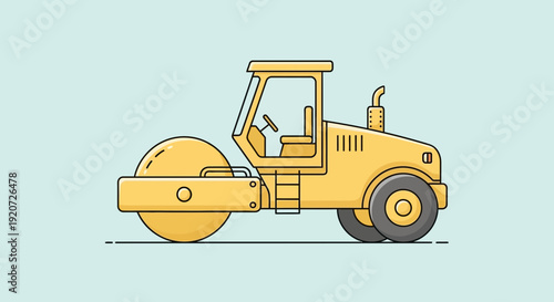 Illustration Of A Bright Yellow Road Roller Machine On A Light Blue Background