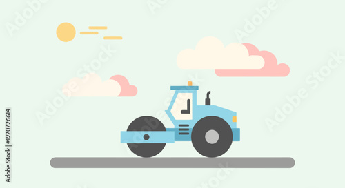 Illustration Of Blue Steamroller Working Under Sunny Sky With Clouds