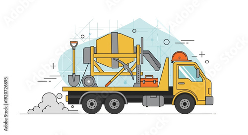 Illustrative Concrete Mixer Truck with Construction Tools and Equipment Ready for Site