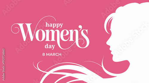 Happy Women's Day 8 March greeting with elegant woman silhouette on pink background