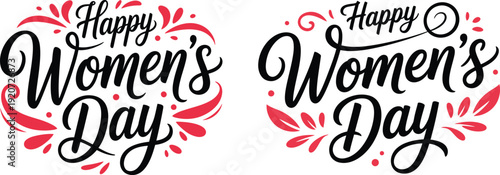 Vector Hand Drawn Calligraphic 'Happy Women's Day' Text with Red Decorative Elements