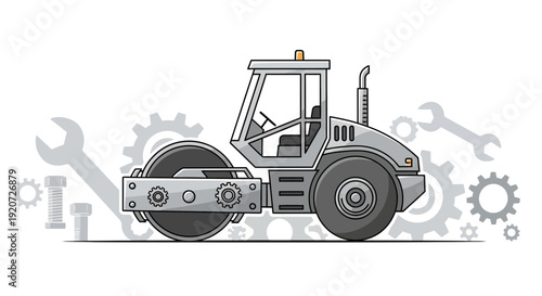 Illustrative Steamroller Construction Vehicle With Gears And Tools