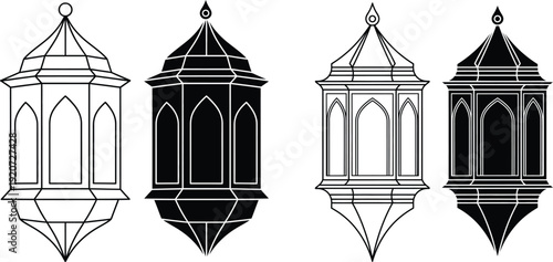 Architectural lantern designs with ornate details and pointed roofs