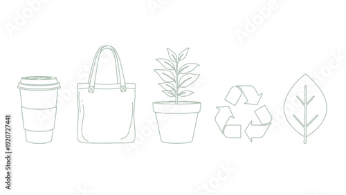 Set of eco-friendly icons including a reusable cup, tote bag, plant, and leaf.