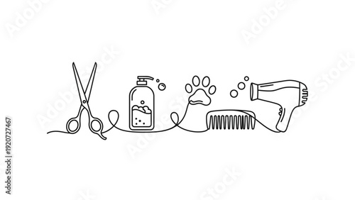 Pet grooming tools and supplies line art