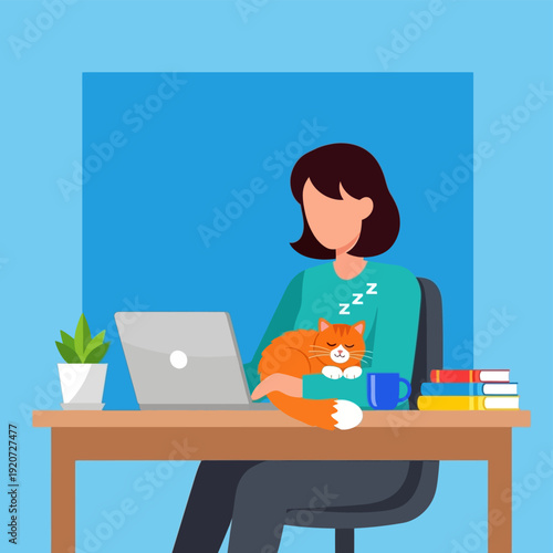 Woman Working on Laptop with Cat.