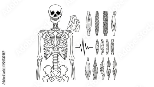 Illustration of human anatomy with skeleton, heart, muscles, and heartbeat.