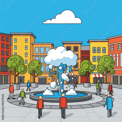 Vibrant City Square with Fountain.