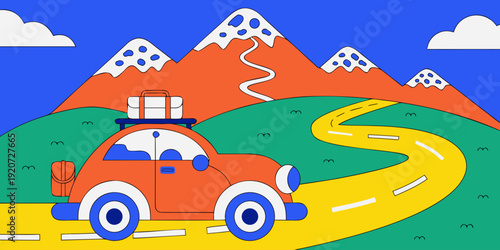 USA, US, U.S, United States - Road Trip Poster | Car Mountain Landscape Illustration | Red Yellow Green Modern Vector Art | Adventure Travel Decor Print
