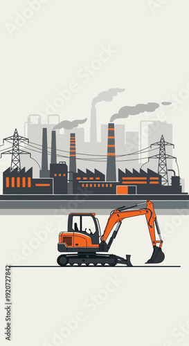 Industrial Construction Excavator With Factory Smokestacks In Background