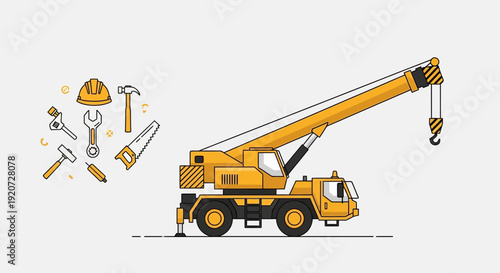 Industrial Crane And Tools Construction Equipment Vector Flat Illustration