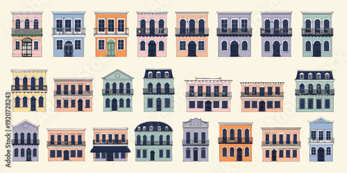 USA, US, U.S, United States - Colorful Building Facades Poster | Pastel Architecture Illustration | Historic Urban Row Houses Vector Art | City Street Decor Print

