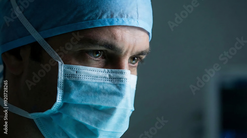 Surgeon wearing surgical mask and cap in a hospital environment viewed from the side