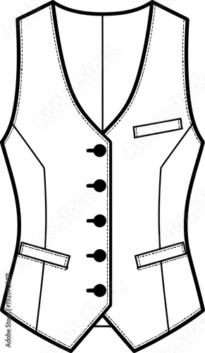 A line drawing of a waistcoat with six buttons