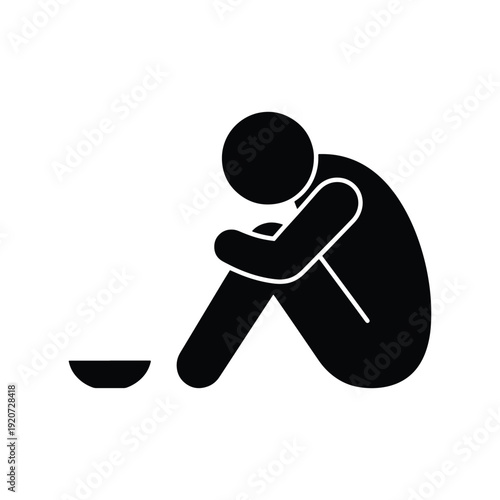 Black Solid Sad Sitting Person Silhouette Icon Vector