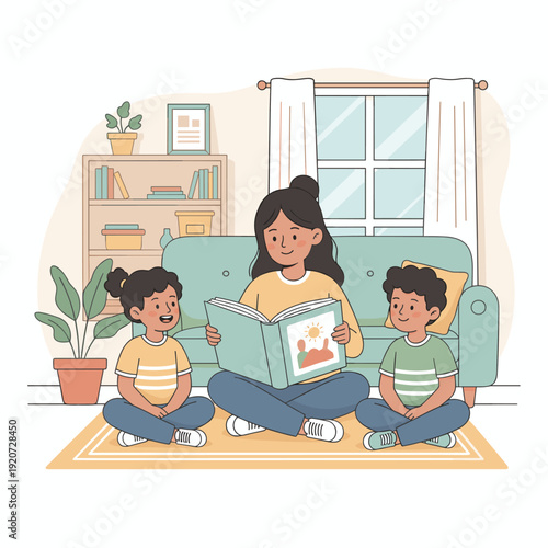 Mother Reading Book to Children at Home