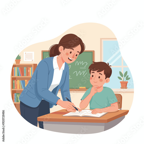teacher helping student in classroom