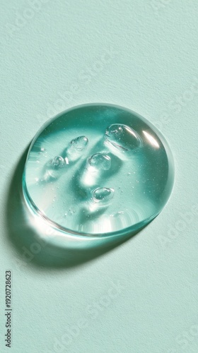 Clear Blue Gel Cleanser: Round, Transparent Texture with Bubbles on Soft Teal Background