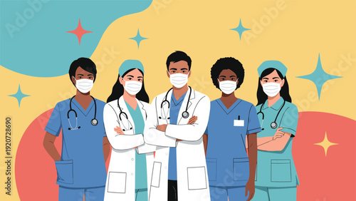 Group of diverse doctors and nurses wearing protective face masks and uniforms standing together against a colorful abstract background.