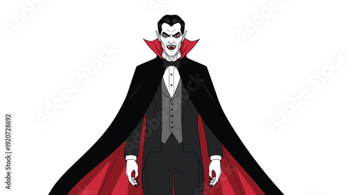 Traditional vampire character with pale skin and sharp fangs wearing a formal black suit and red lined cape for Halloween theme.