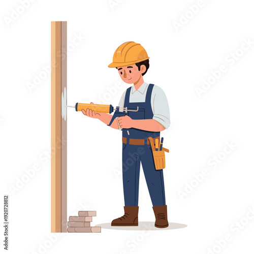 Builder applying sealant with caulking gun on wall joint