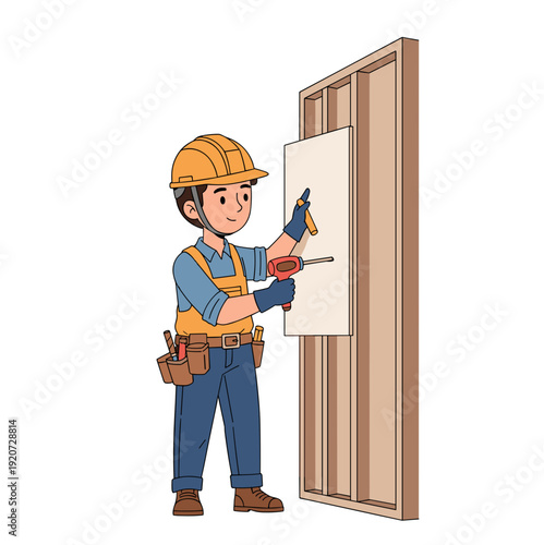 Construction worker fixing drywall sheet to wall structure