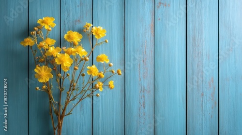 A bunch of yellow flowers stands on a blue wooden surface. The flowers have small blossoms and green stems. Sunlight illuminates the scene emphasizing the colors of the flowers and wood.