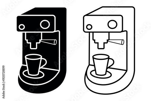 Coffeemaker icon. Black, white silhouette of Coffee Machine, isolated on white background. linear illustration, logo for coffee shop, hand drawn artwork
