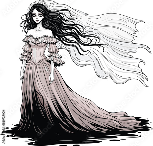 Dark Haired Woman Long Dress Flowing Hair