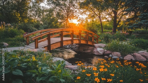 A charming wooden arched footbridge gracefully spans a tranquil stream in a vibrant floral garden during golden hour.