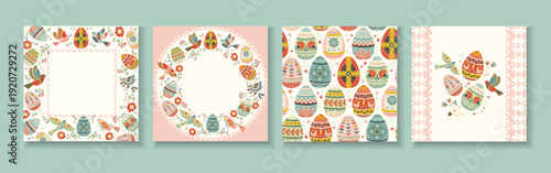 Vector set of hand drawn Easter folk greeting cards with decorated eggs, birds and floral elements Chalk texture illustration in soft pastel palette for holiday invitations and warm Easter greetings