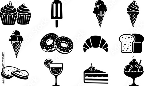 Black and white icons of various food and desserts