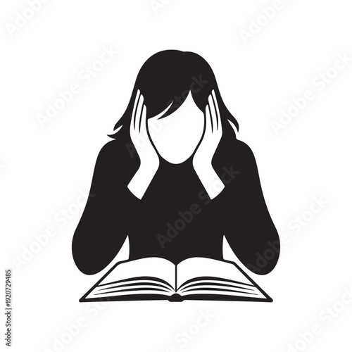 Frustrated woman silhouette with head in hands reading an open book