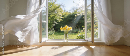 Wallpaper Mural Open window with white curtains blowing in breeze revealing sunny spring garden. Vase of yellow daffodils on wooden floor inside cozy room. Symbol of vernal equinox renewal and seasonal fresh start Torontodigital.ca