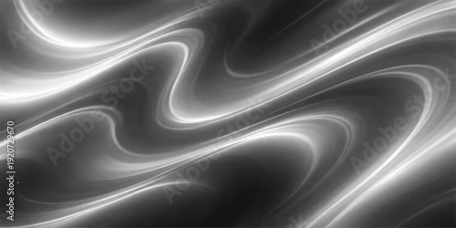 Abstract black and white background with a smooth silk texture featuring flowing blue light waves and dark liquid curves in a soft satin fabric illustration design