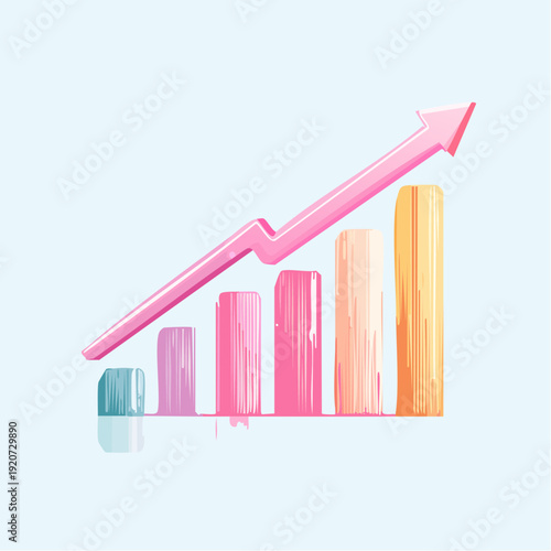 Simple bar chart with a pink arrow indicating upward financial trajectory and business growth in a minimalist artistic