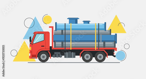 Industrial Delivery Truck Transporting Large Pipes and Cylinders With Geometric Shapes