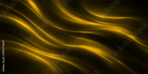 Abstract golden background featuring smooth flowing waves of silk and satin texture with a soft liquid motion and gold pattern design