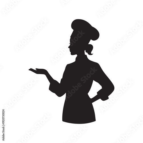 Silhouette of a female chef in uniform presenting with an open palm, inviting guests