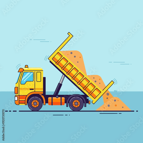 Industrial Dump Truck Unloading Construction Material Against Blue Sky Background