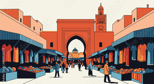 Minimalist Artwork Depicting a Bustling Traditional Moroccan Souk Scene
