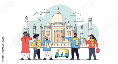 A diverse group of tourists with a guide in front of the Taj Mahal, with an auto-rickshaw nearby.