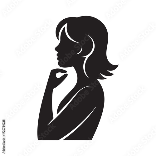 Female silhouette profile, pensive gesture with hand on chin, thought and contemplation