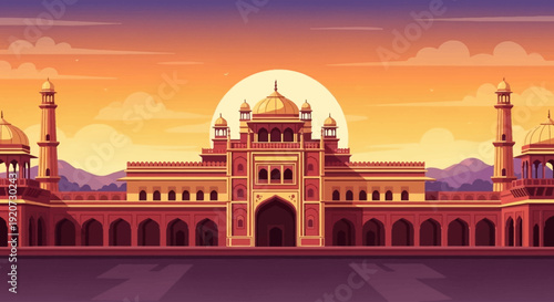 A majestic Indian palace with intricate Mughal architecture stands grandly against a vibrant sunset sky.