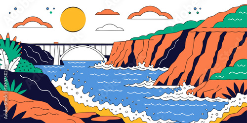 USA, US, U.S, United States - Canyon River Landscape Poster – Vibrant Modern Art Featuring Orange Cliffs, Flowing Water, Bridge Scenery & Bold Nature Illustration Design
