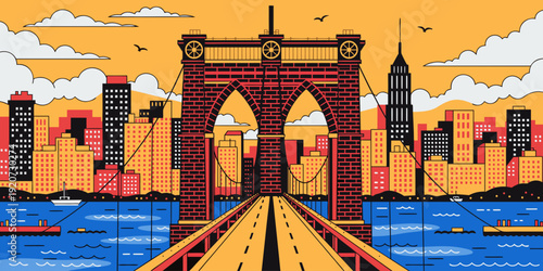 USA, US, U.S, United States - Brooklyn Bridge New York Poster – Vibrant NYC Skyline Art Featuring Iconic Architecture, Bold Colors & Modern Urban Design
